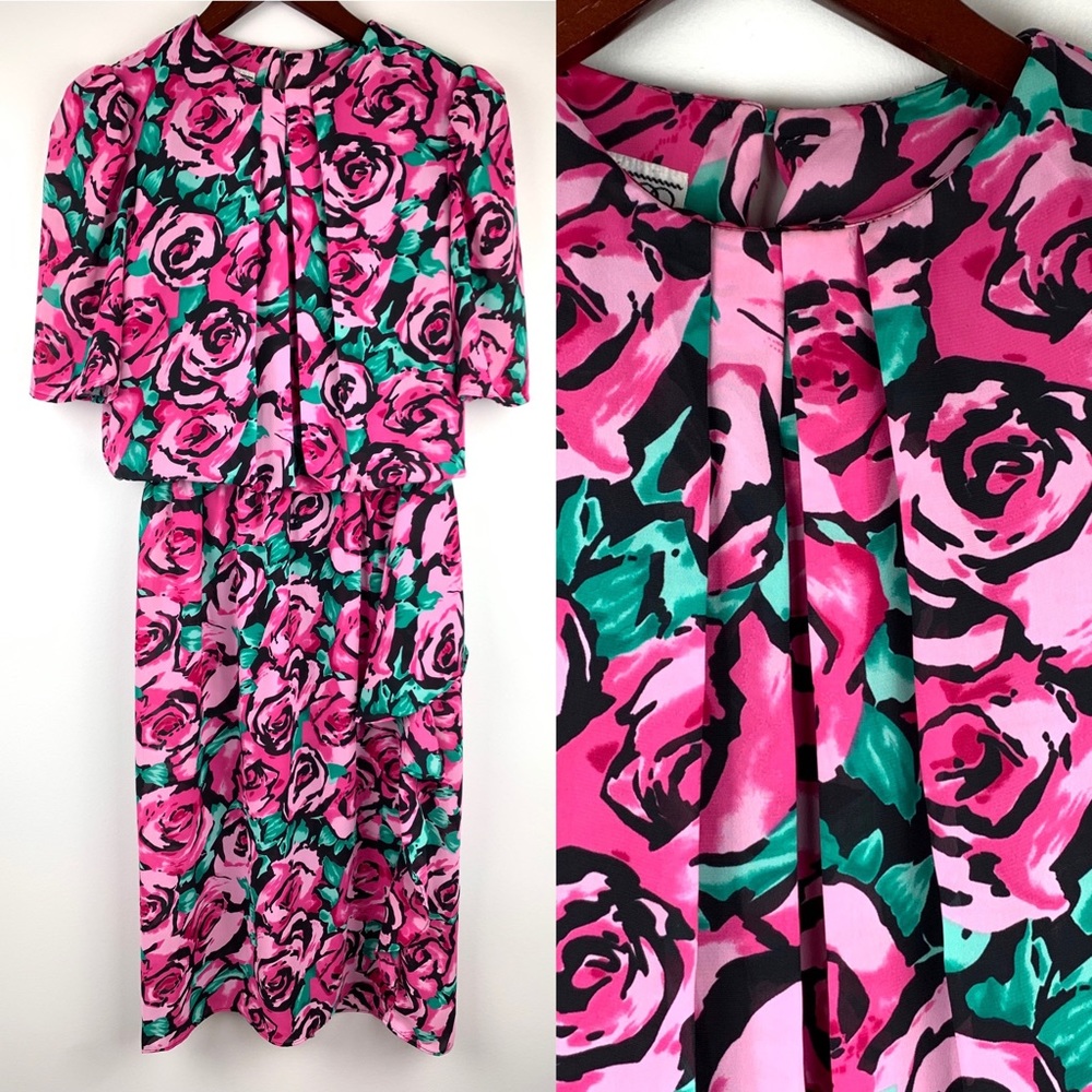 Vintage Short Sleeve Black Pink Floral Dress Retro